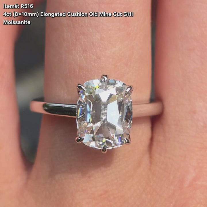 DovEggs Elongated Cushion old mine cut moissanite ring sparkling on-hand video.