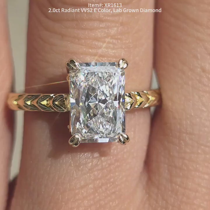 DovEggs carved radiant solitaire lab diamond engagement ring in sunlight
