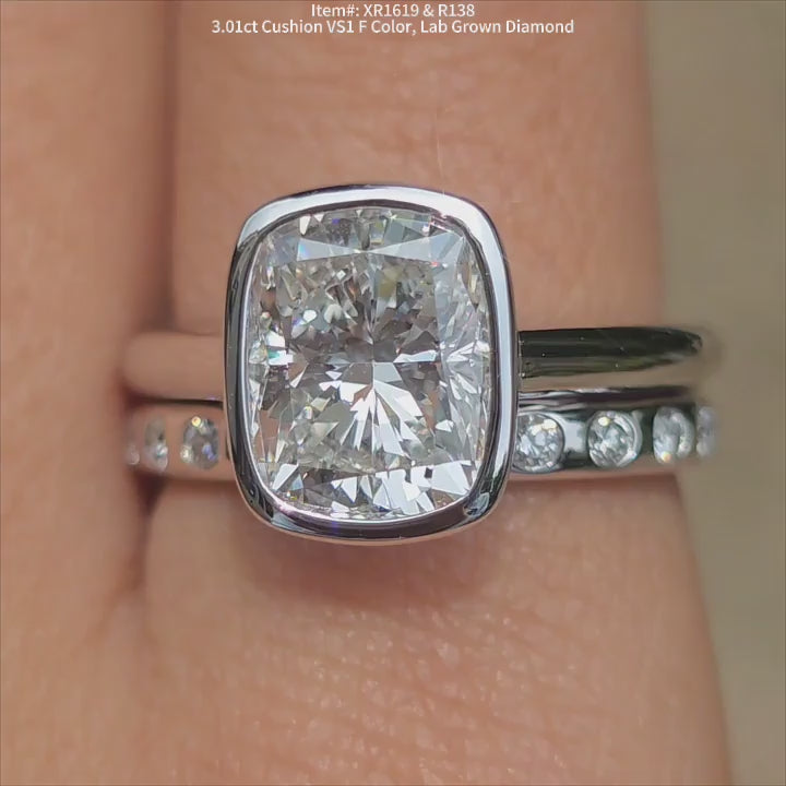 DovEggs 3.01ct Cushion  Shaped Lab Grown Diamond Ring – Bezel Engagement Ring for Women