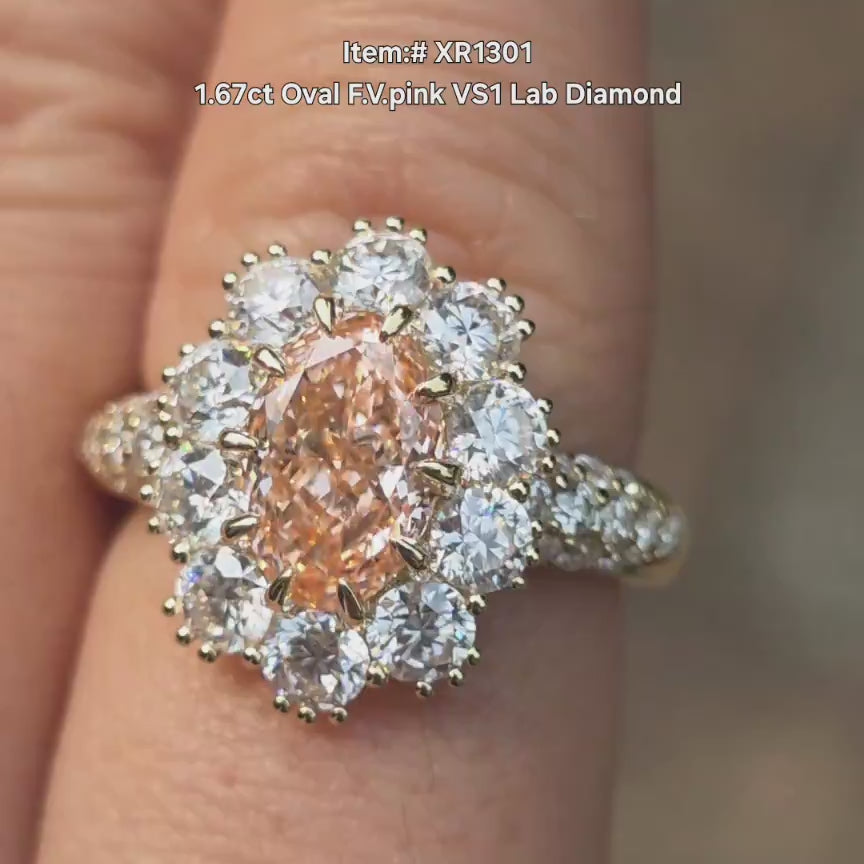 DovEggs oval pink lab diamond floral halo pave engagement ring