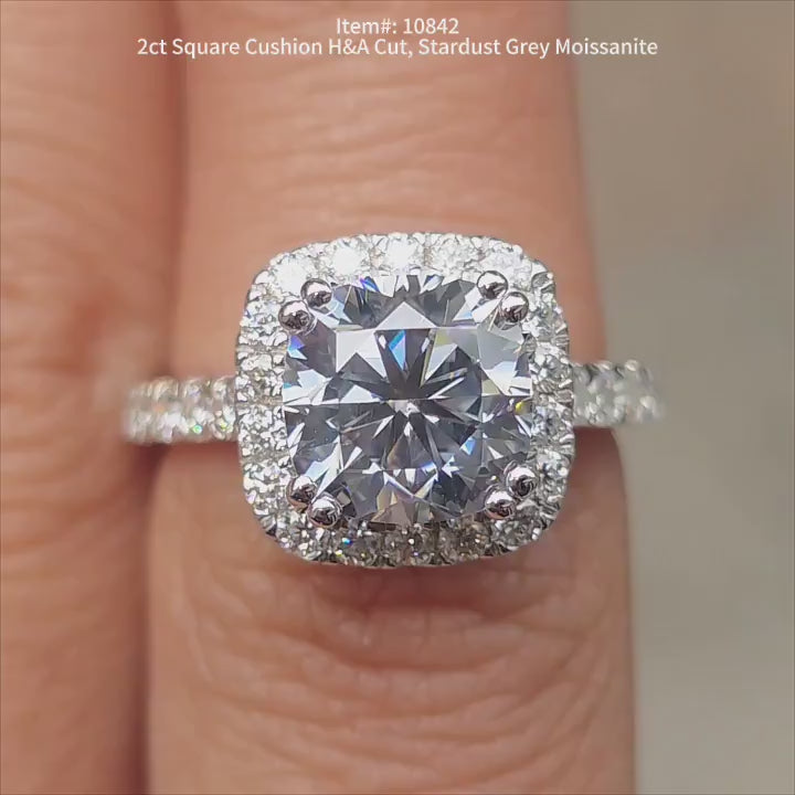 DovEggs stardust grey square cushion with halo pave moissnaite engagement ring video