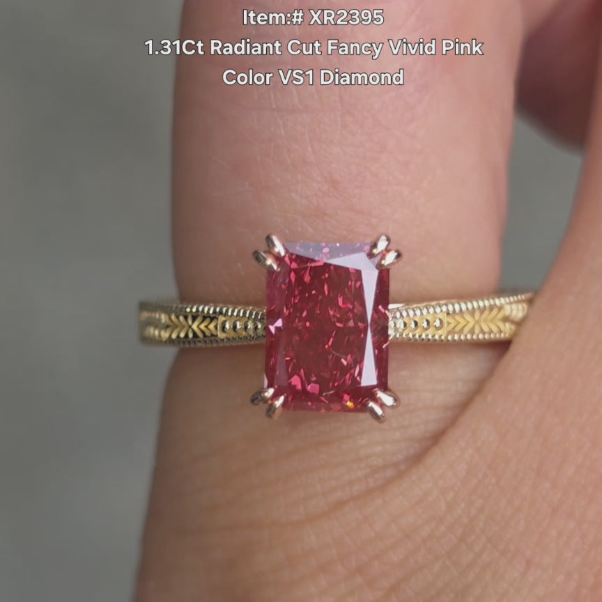 DovEggs radiant fancy vivid pink diamond ring sparkling in natural light video