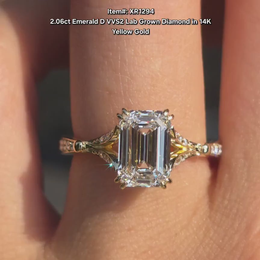 DovEggs emerald lab diamond with pave split shanks engagement ring video in sunlight