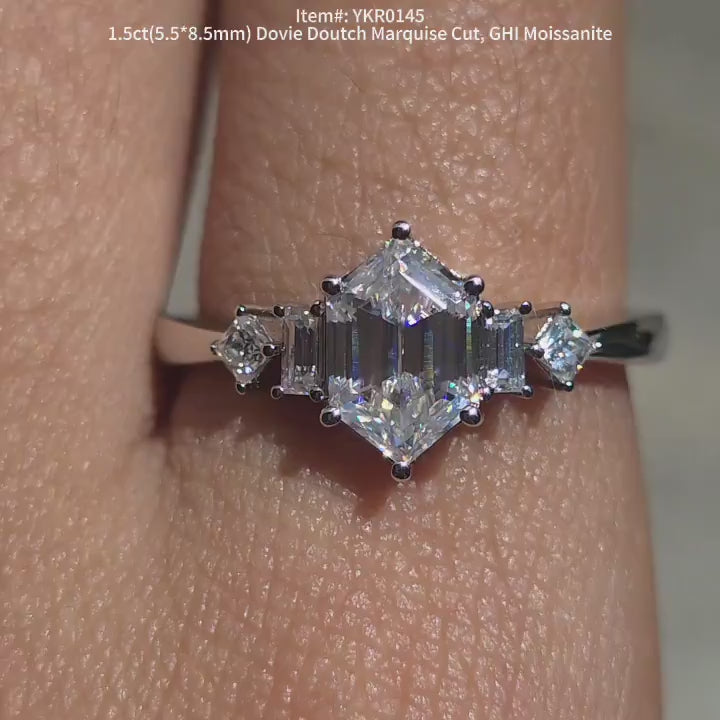 Doveggs Dovie Doutch Marquise cut side stones moissanite engagement ring video in sunlight