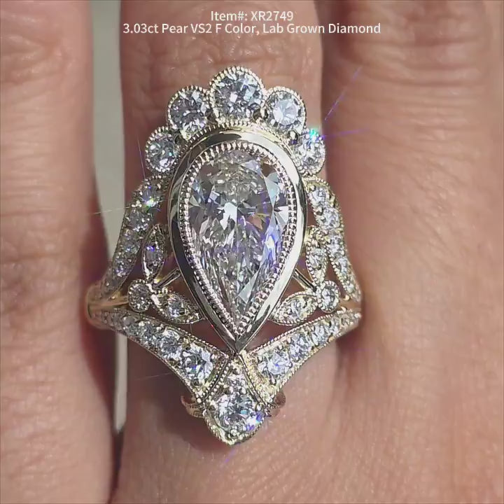 DovEggs pear bezel halo art deco lab diamond engagement ring video in sunlight