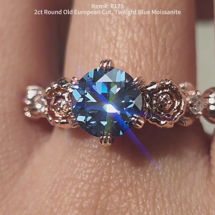 DovEggs OEC Round twilight blue moissanite floral engagement ring