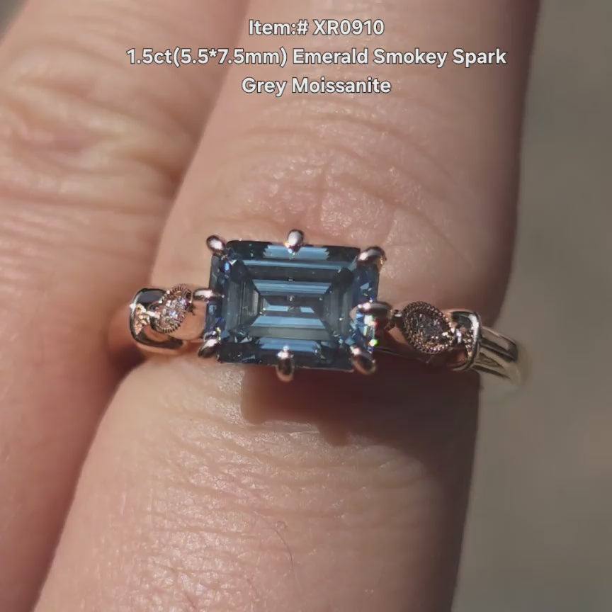 DovEggs Smokey Spark Grey emerald moissanite ring sparkling in sunlight video