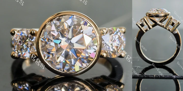 Side stones three-stone bezel ethical lab diamond Engagement Ring | DovEggs