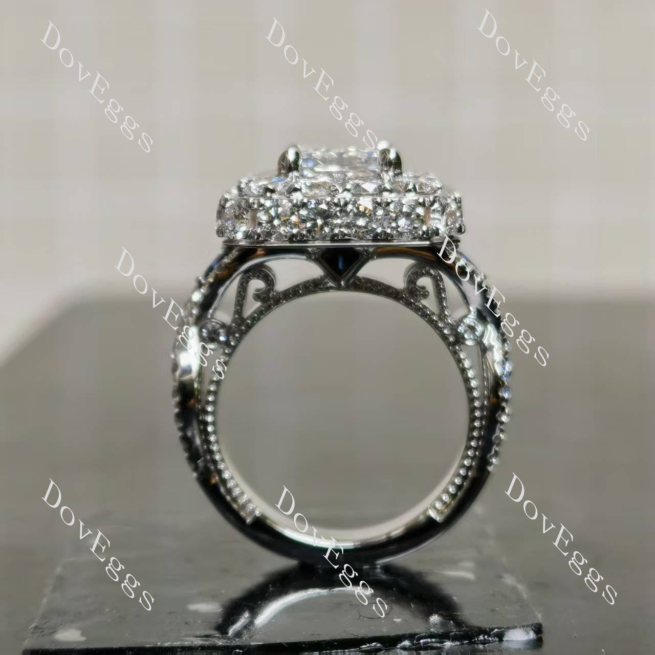 Doveggs emerald halo pave vintage moissnaite engagement ring