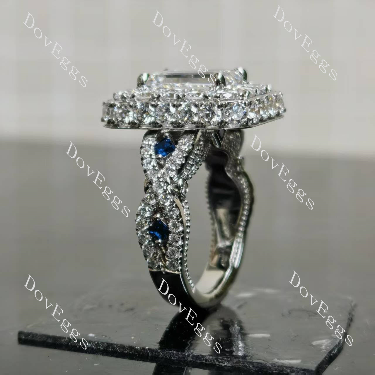 Doveggs emerald halo pave vintage moissnaite engagement ring