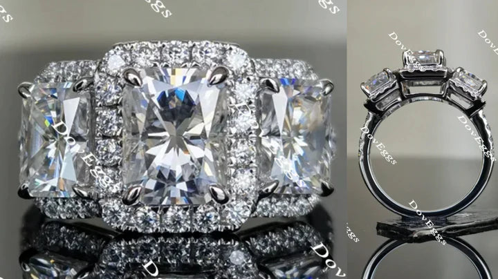 Halo three stone custom lab diamond Engagement Ring | DovEggs