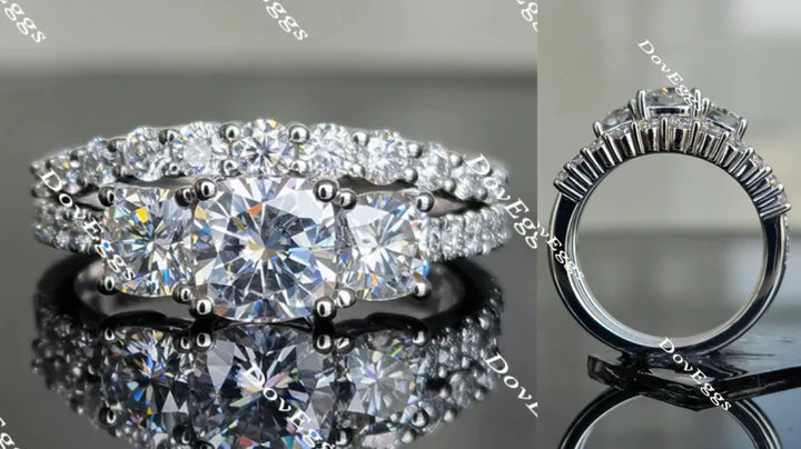 Three-stone halo pave custom lab diamond Engagement Ring | DovEggs