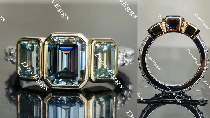 Bezel three-stone vintage semi-mount engagement ring front and side view