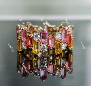 Doveggs emerald shape yellow/orange/pink sapphire combo colored gem and round moissanite wedding band-9.2mm band width