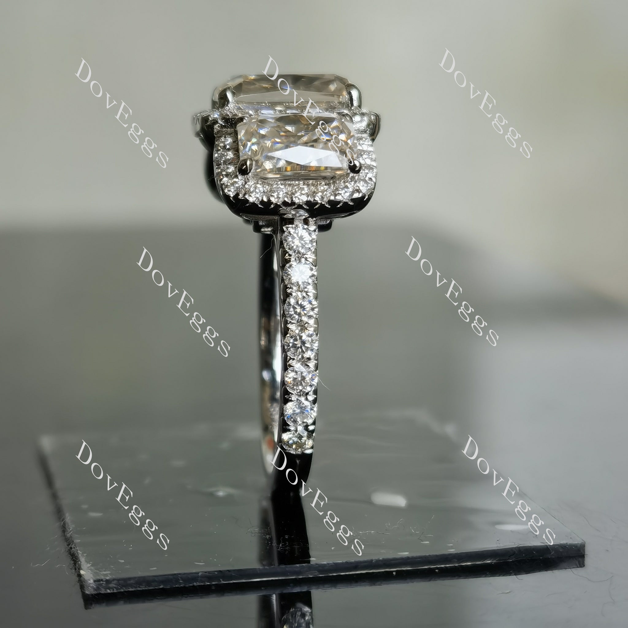 Doveggs radiant three-stone halo pave moissanite engagement ring