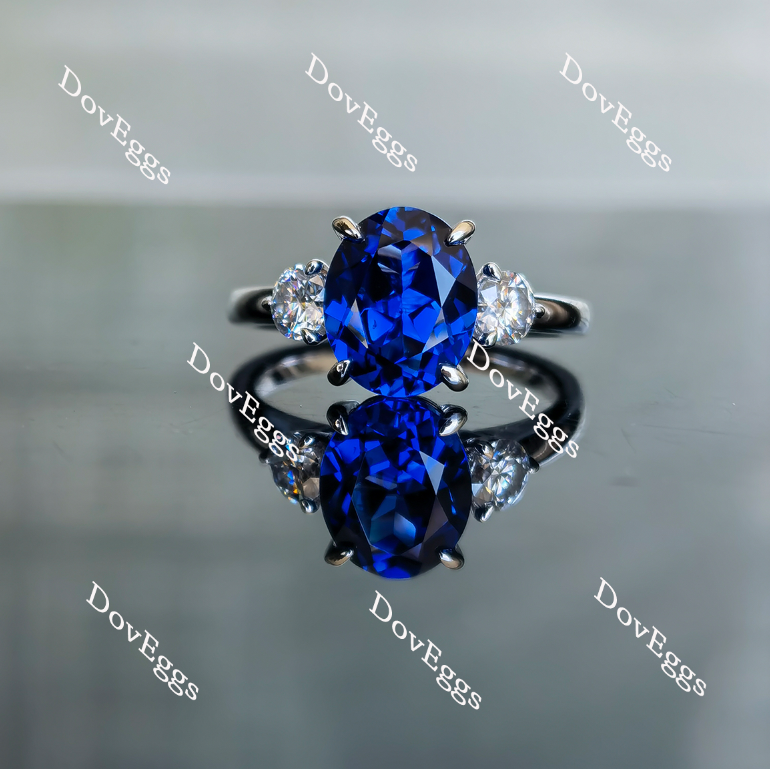 Doveggs oval three-stone blue sapphire colored gemr ring