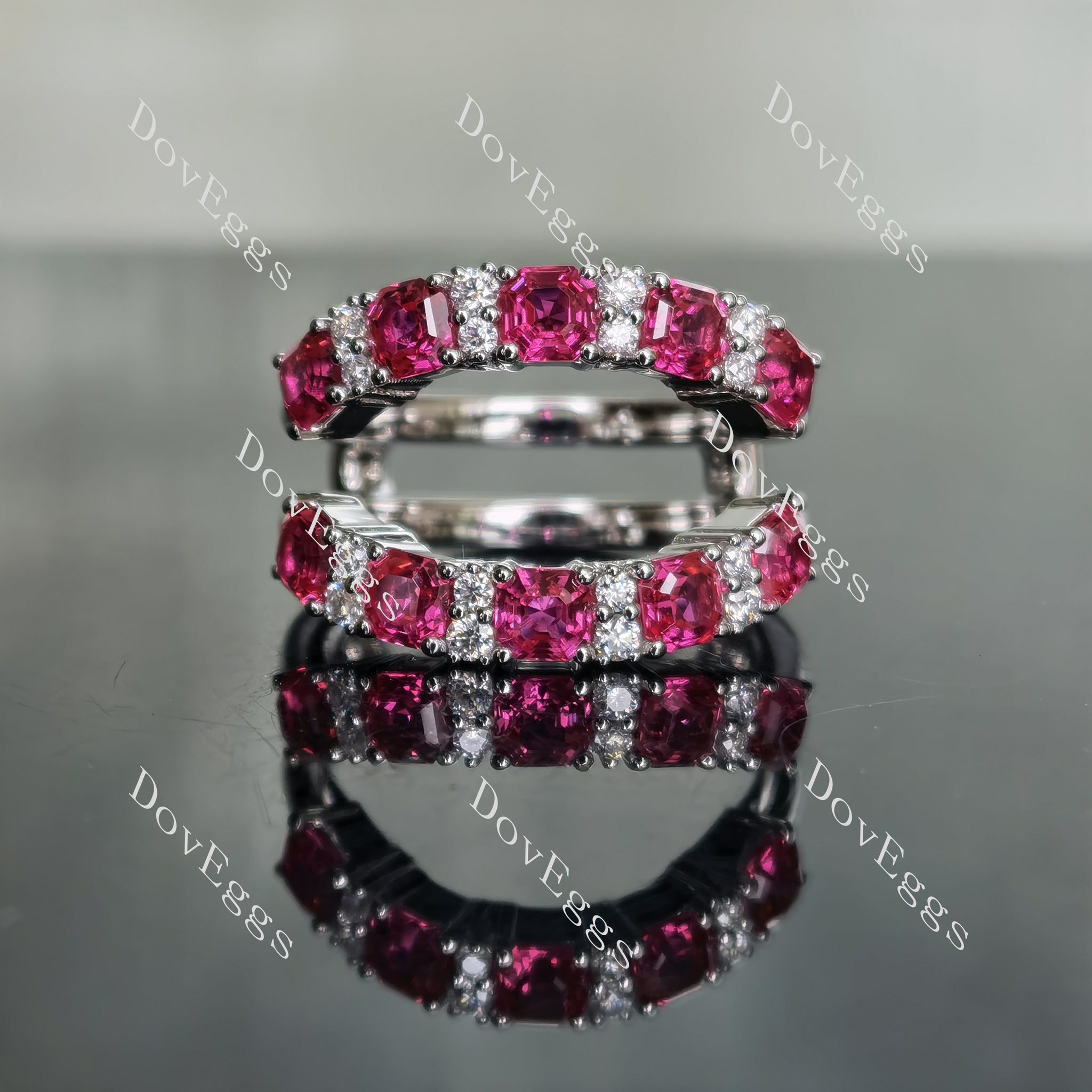 Doveggs asscher pave moissanite/lab grown diamond & colored gem enhancer/wedding band-6.6mm band width