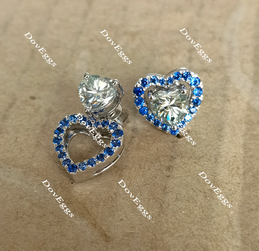 Doveggs heart peacock blue halo screw back moissanite and birthstone earrings