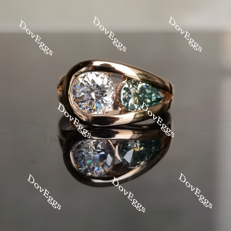 Doveggs GHI color(near colorless) round and peacock blue pear moissanite ring