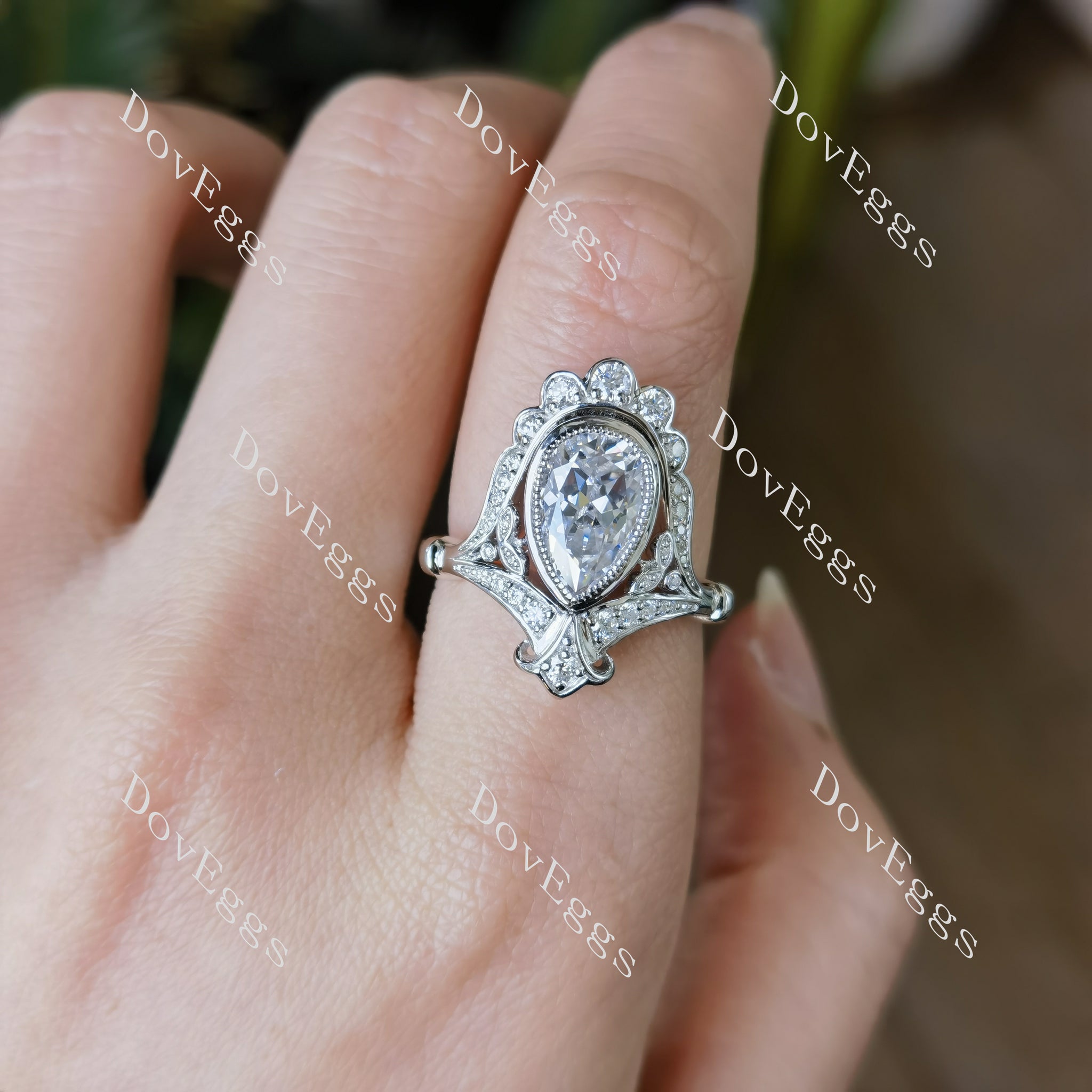 Doveggs pear art deco bezel moissanite engagement ring