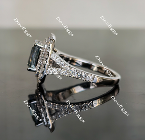DovEggs Smokey sparks grey radiant double halo moissanite engagement ring