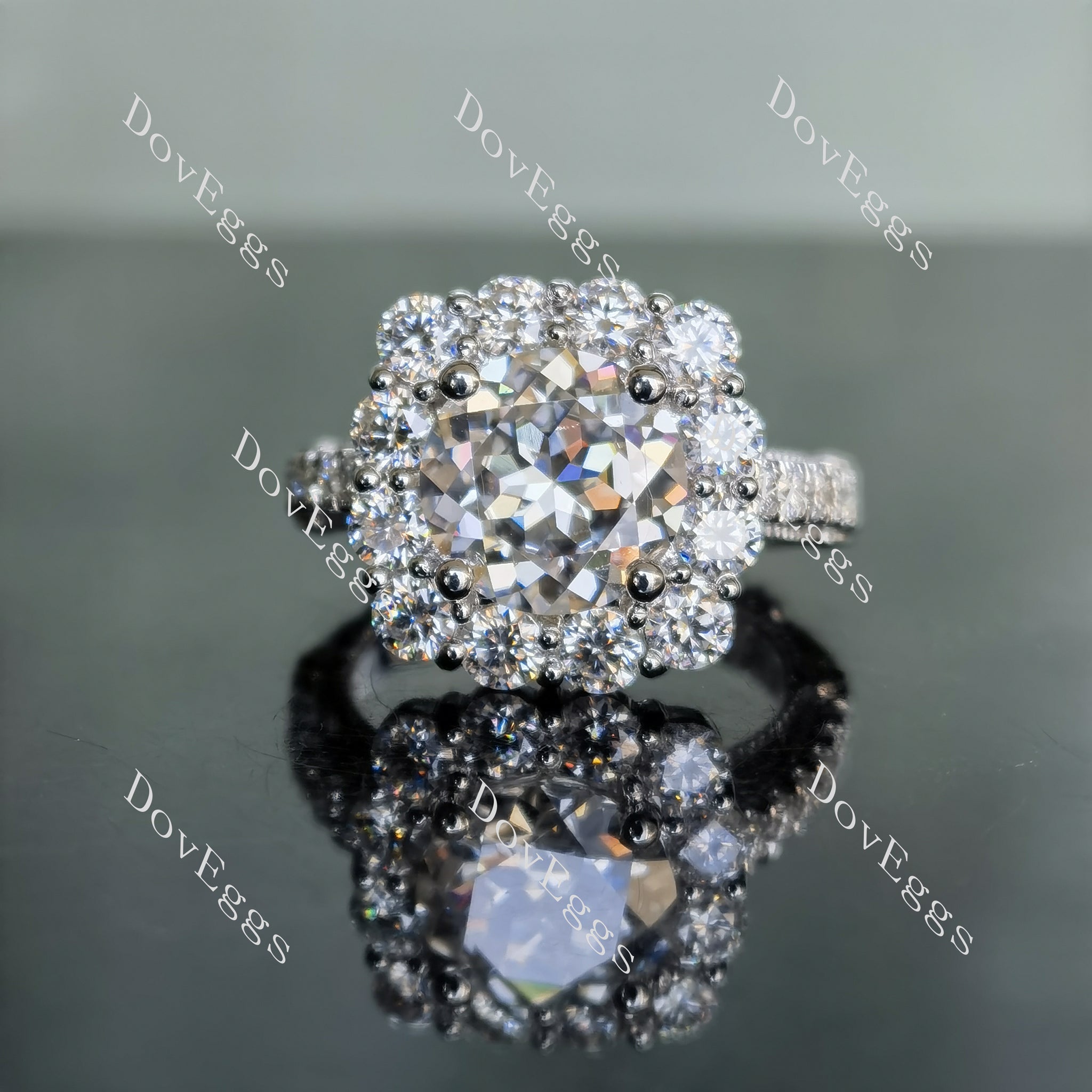 DovEggs round halo moissanite engagement ring