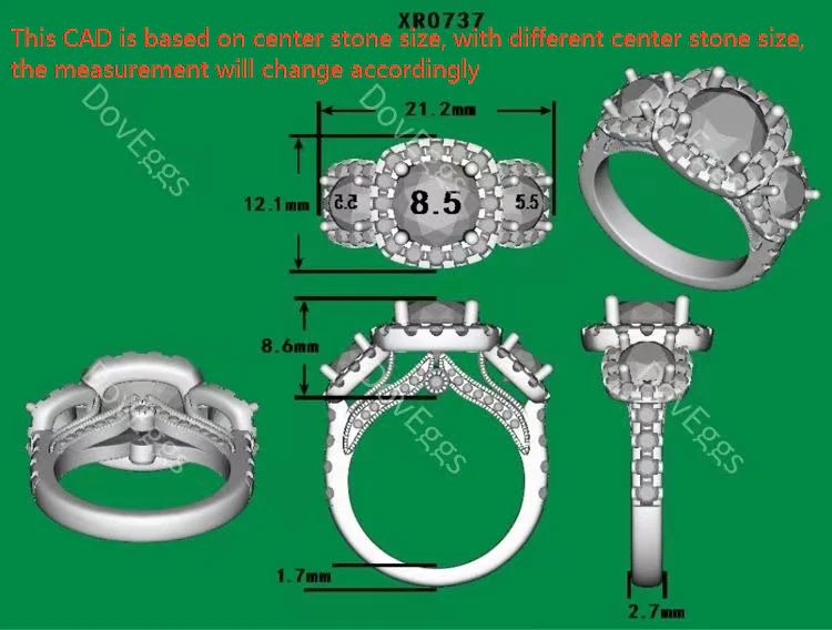 Doveggs halo three stones moissanite engagement ring