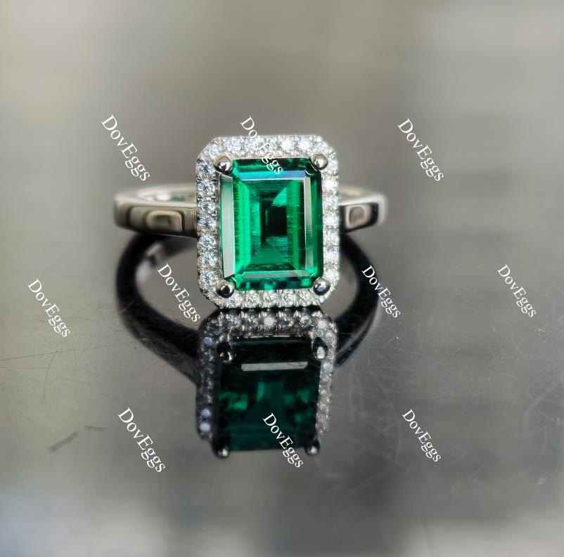 Doveggs cathedral emerald shape halo zambia emerald colored gem ring