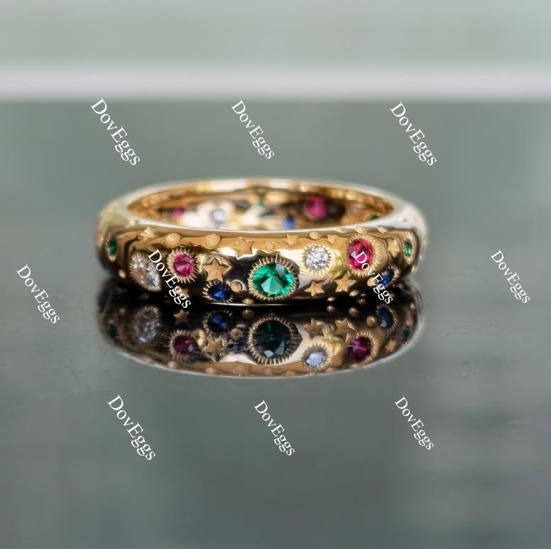 Doveggs round ruby/colorless moissanite/zambia emerald/blue sapphire combo band-5mm band width