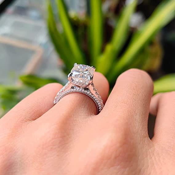Doveggs elongated cushion sterling silver hidden halo moissanite engagement ring