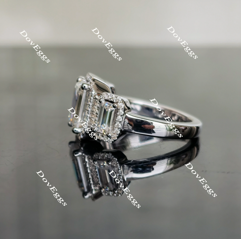 Doveggs three stone halo emerald moissanite engagement ring