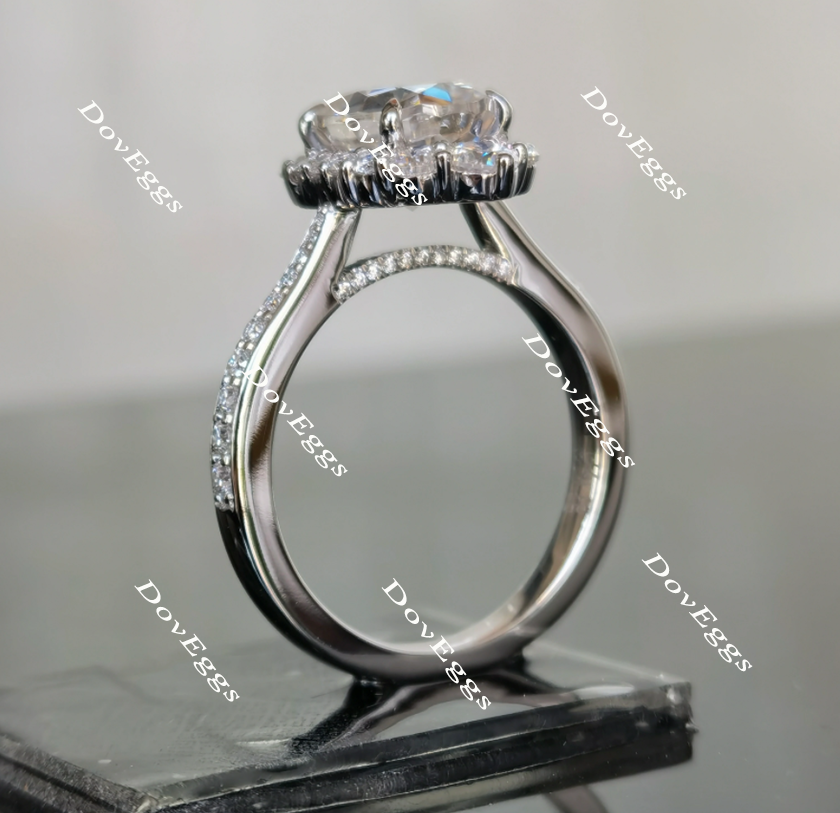Doveggs oval half eternity paved halo moissanite engagement ring