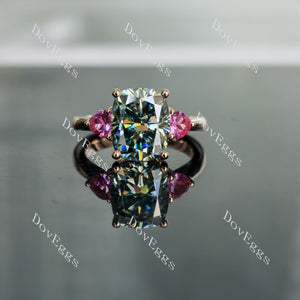 Doveggs peacock blue cushion three-stone moissanite engagement ring