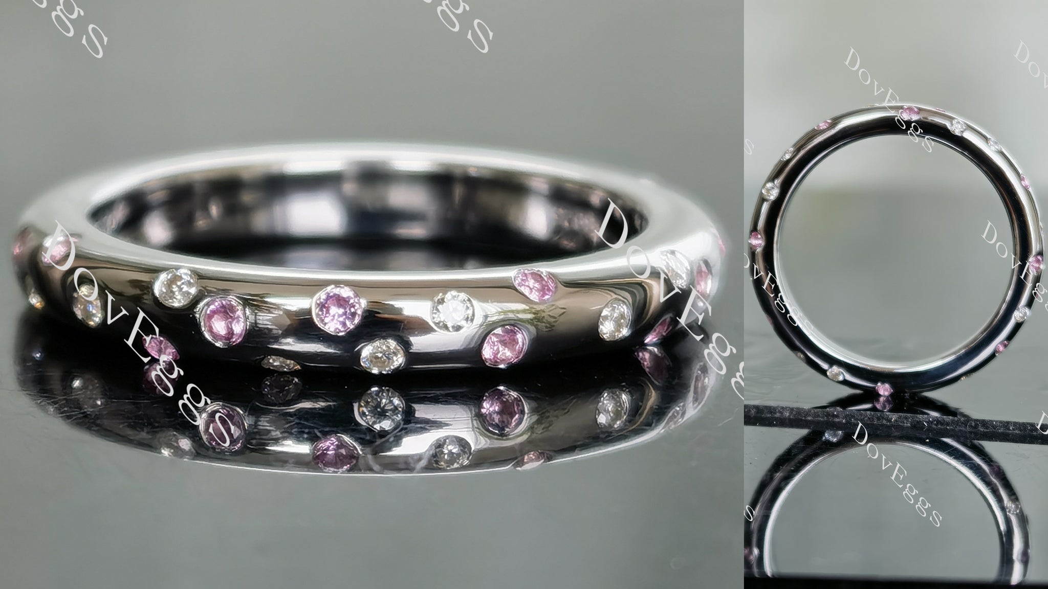 Doveggs round moissanite/lab grown diamond & colored gem wedding band-3.0mm band width