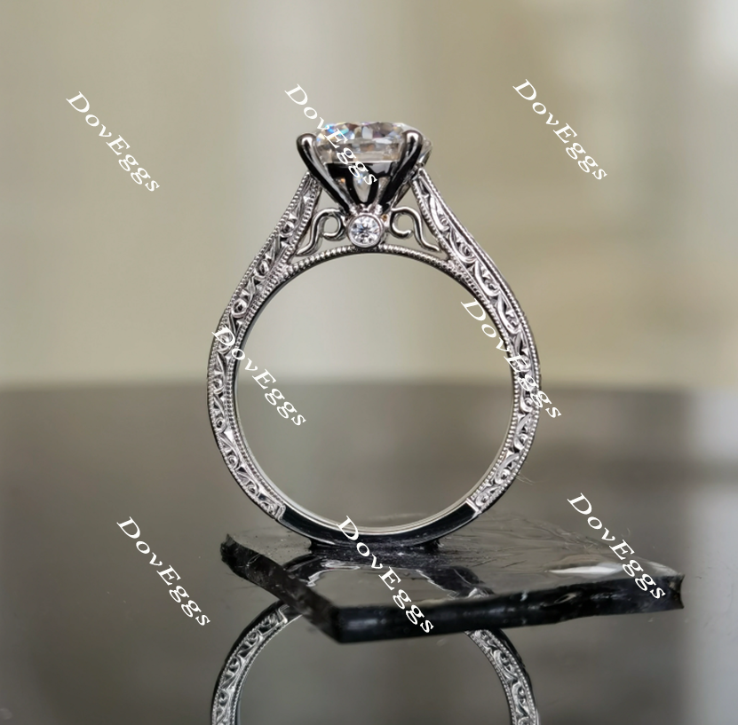 Doveggs round vintage hard engraved solitaire moissanite ring