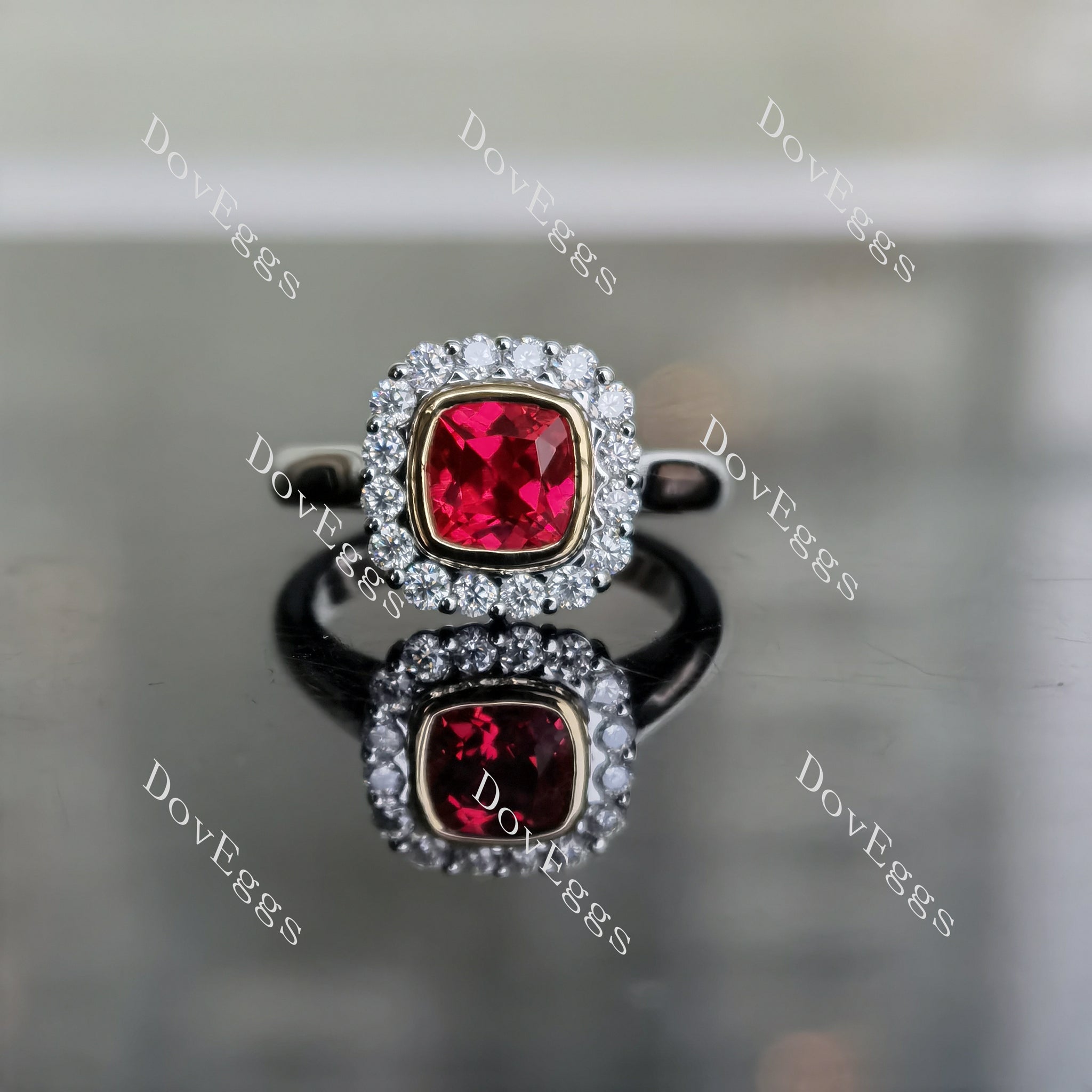 DovEggs cushion floral bezel halo ruby colored gem engagement ring
