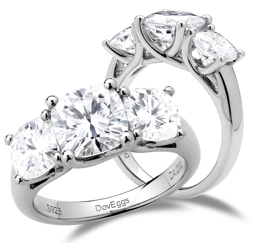 doveggs cushion three-stone sterling silver moissanite engagement ring