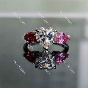 DovEggs heart three stones moissanite & colored gem engagement ring