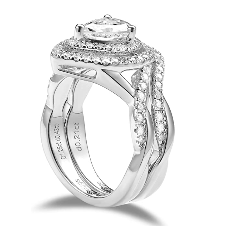 DovEggs  1.25 carat pear bridal set sterling silver moissanite ring