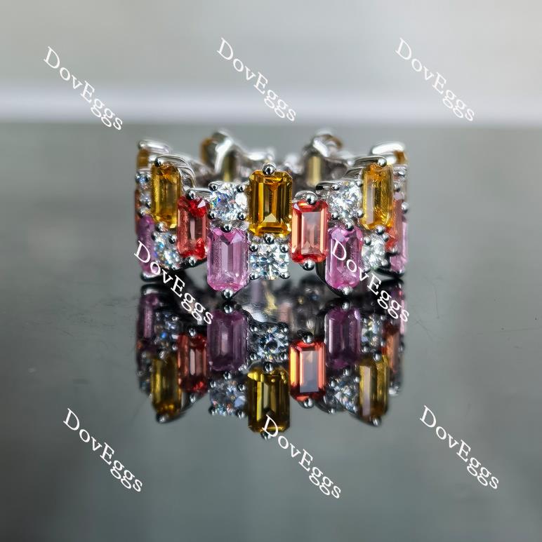 Doveggs emerald shape yellow/orange/pink sapphire combo colored gem and round moissanite wedding band-9.2mm band width