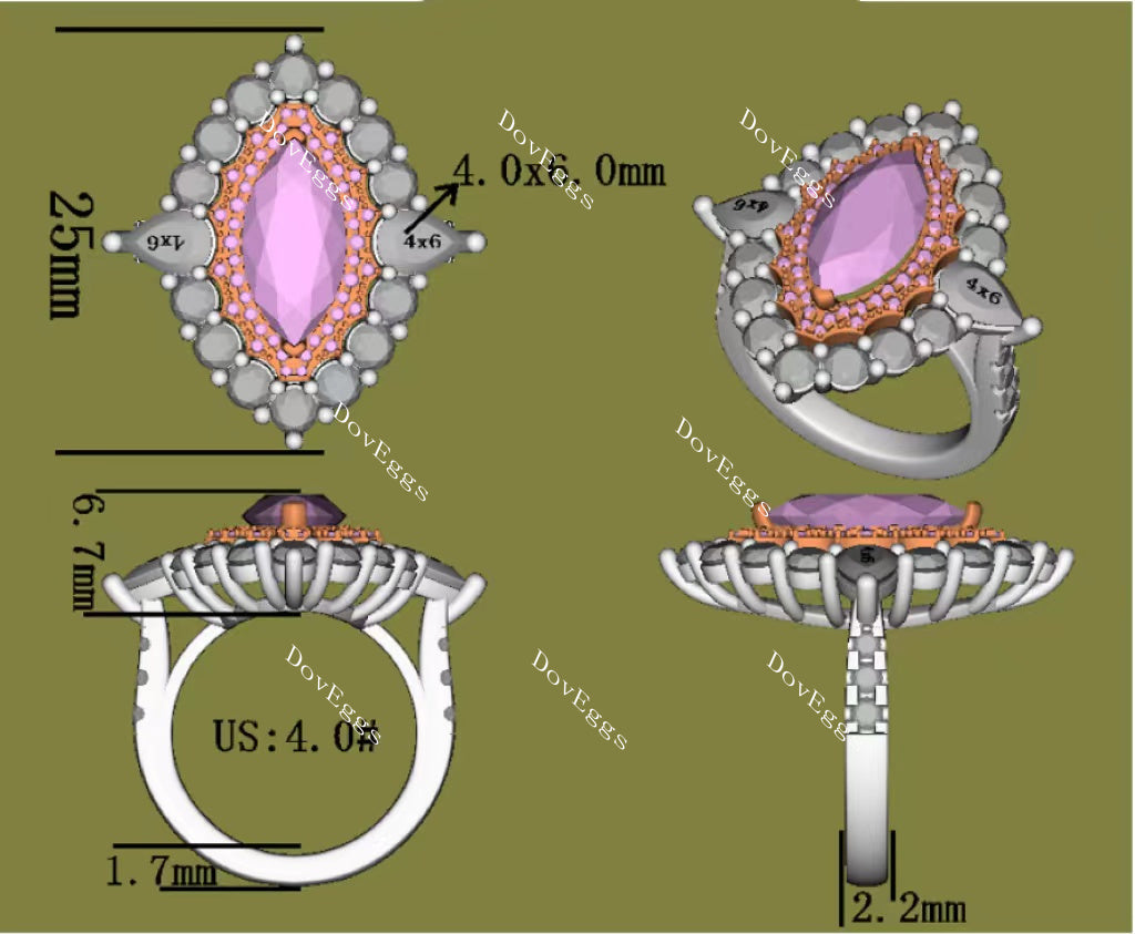 Doveggs marquise halo pink sapphire colored gem sterling silver engagement ring