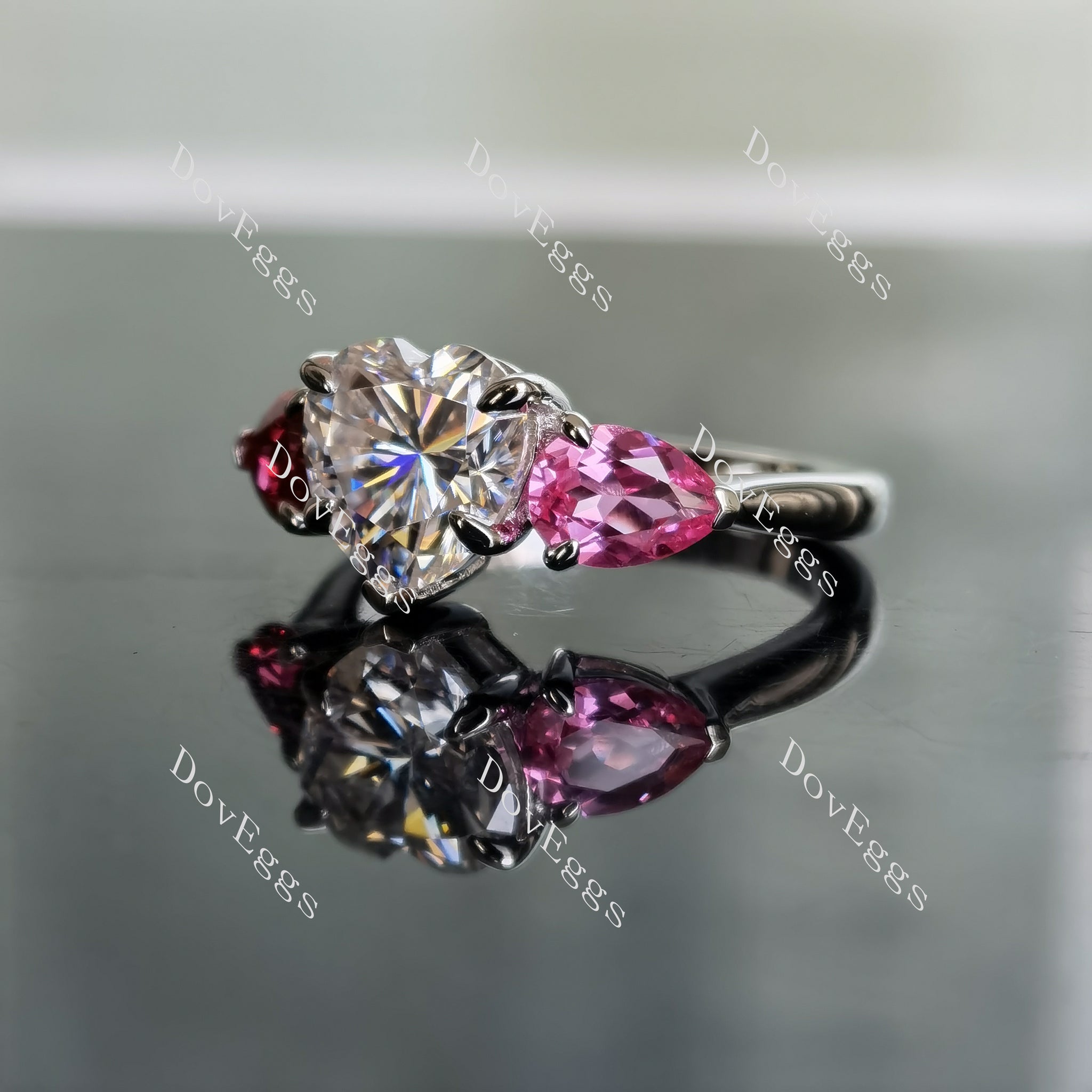 DovEggs heart three stones moissanite & colored gem engagement ring