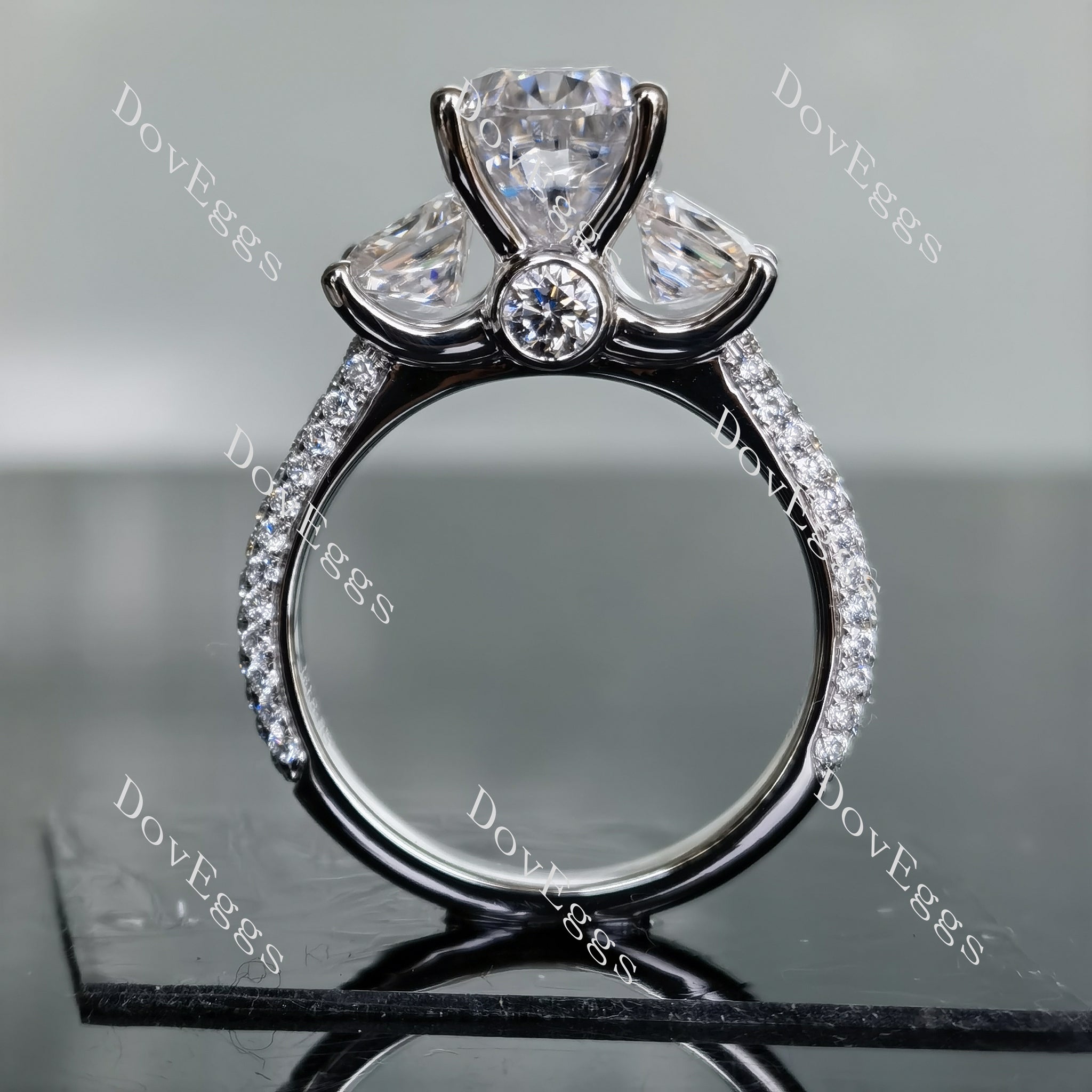 Doveggs pear pave three stones moissanite engagement ring