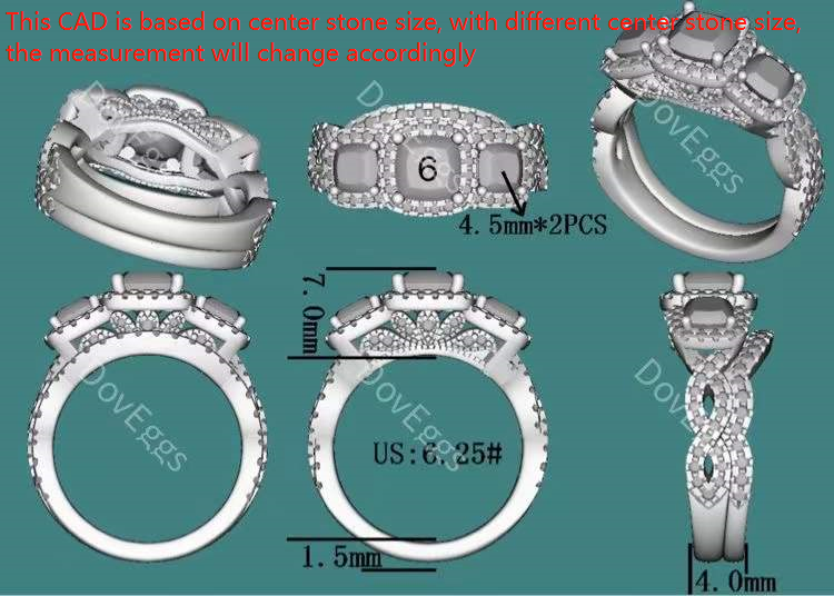 Doveggs cushion three stone halo moissanite bridal set (2 rings)