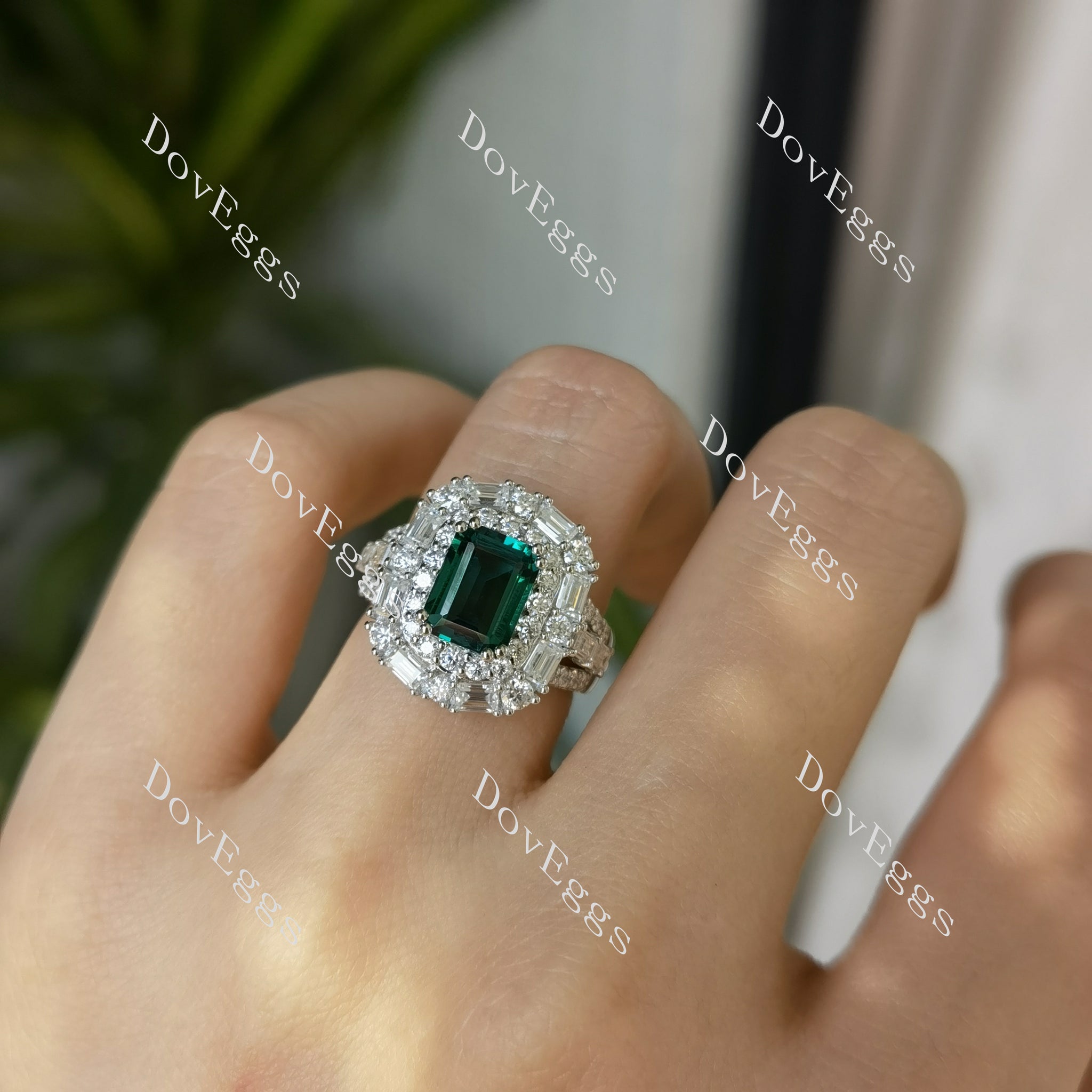 DovEggs emerald split shank double halo colored gem engagement ring