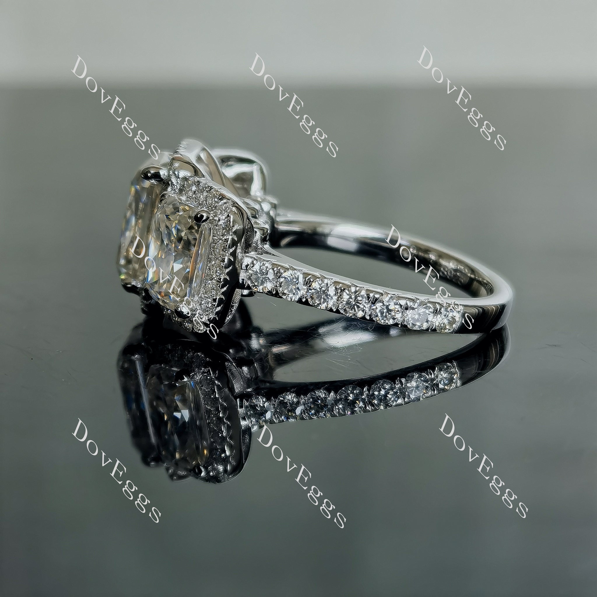 Doveggs radiant three-stone halo pave moissanite engagement ring