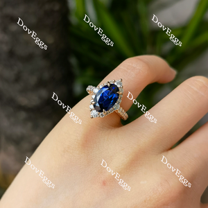 Doveggs floral halo elongated oval intense royal blue sapphire ring