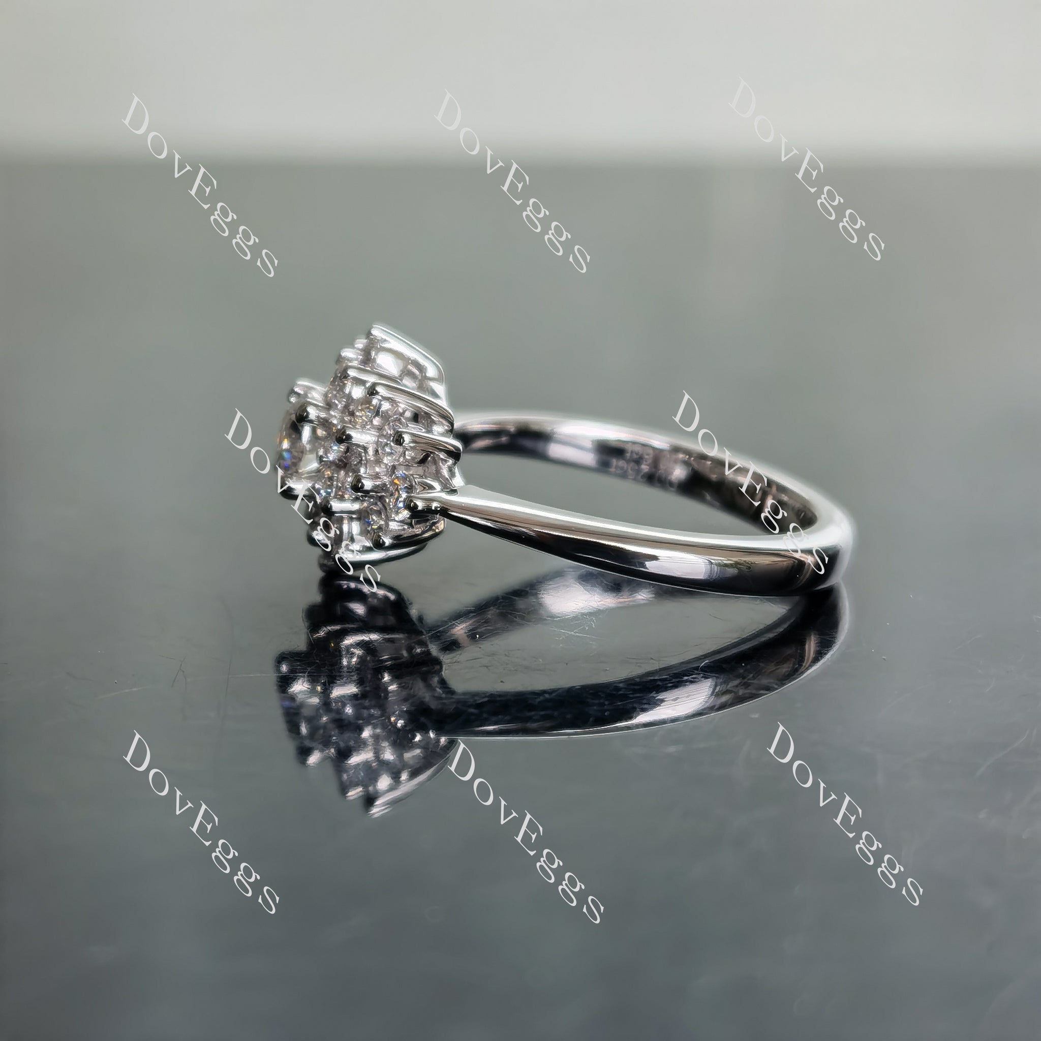 DovEggs round floral halo moissanite engagement ring