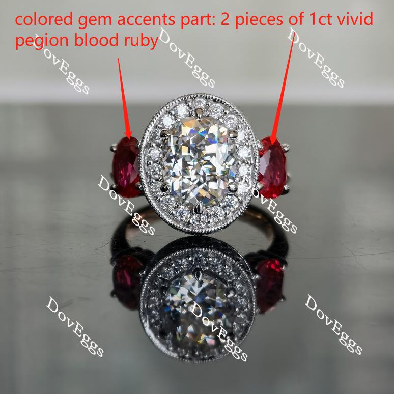 DovEggs oval vintage three-stone halo moissanite & colored gem engagement ring