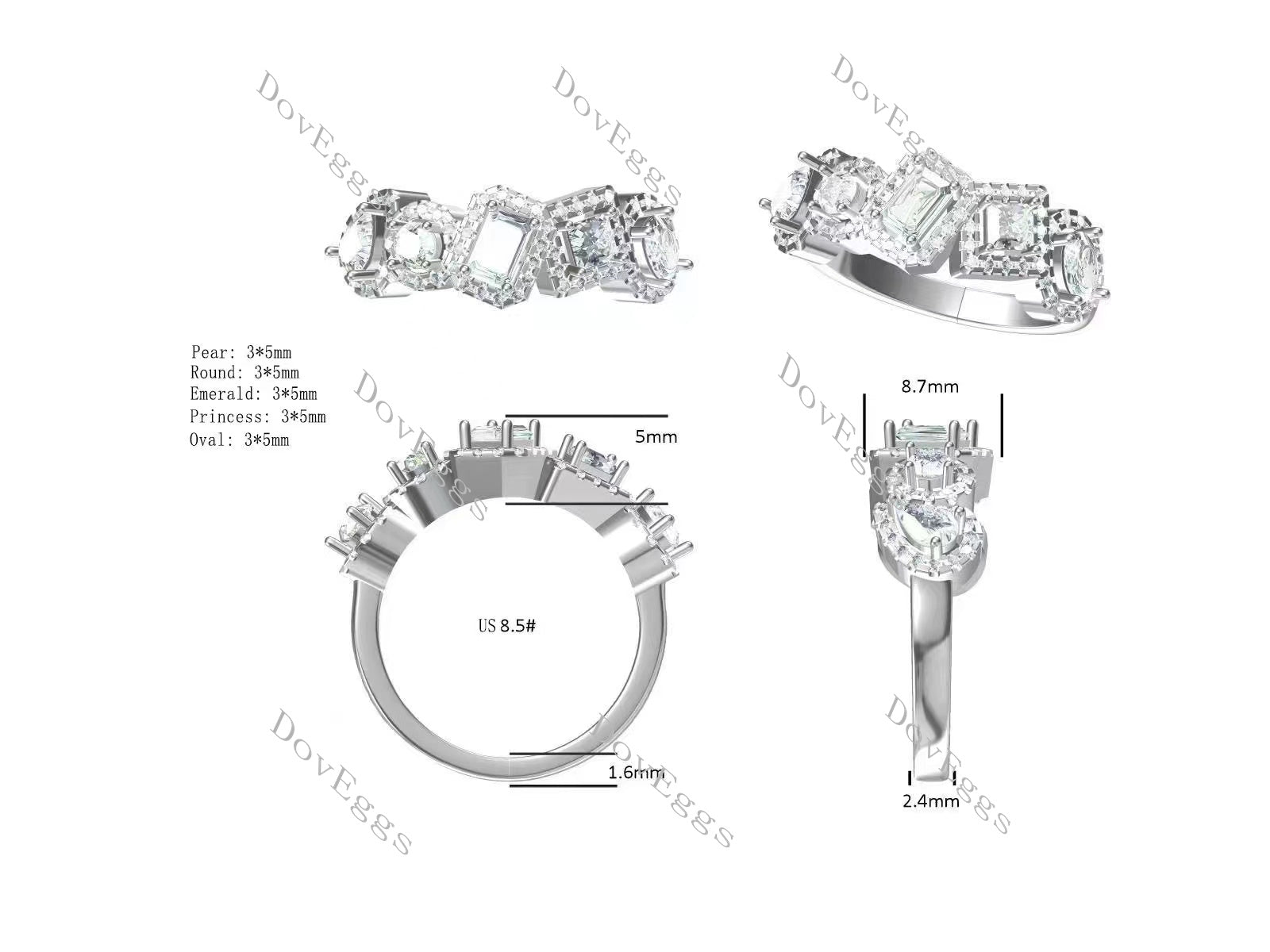 Doveggs oval/princess/emerald/round/pear stones moissanite wedding band-2.4mm band width